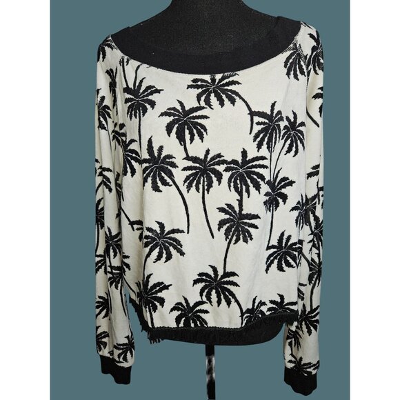 2/$35 HIPPE BeachBum Palm Tree Print Velour Coastal Fringe Hem Sweater Women S - Picture 5 of 12